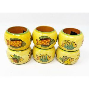 Vintage Hand Painted Set Of (6) Napkin Rings Lake/Beach House Tropical Yellow